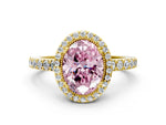 Fancy Pink Oval Cut Diamond Halo Engagement Ring in Yellow gold with Milgrain Detail and Pavé Band