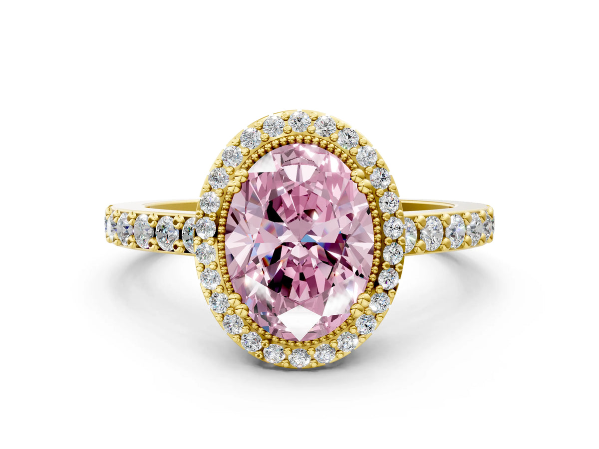 Fancy Pink Oval Cut Diamond Halo Engagement Ring in Yellow gold with Milgrain Detail and Pavé Band