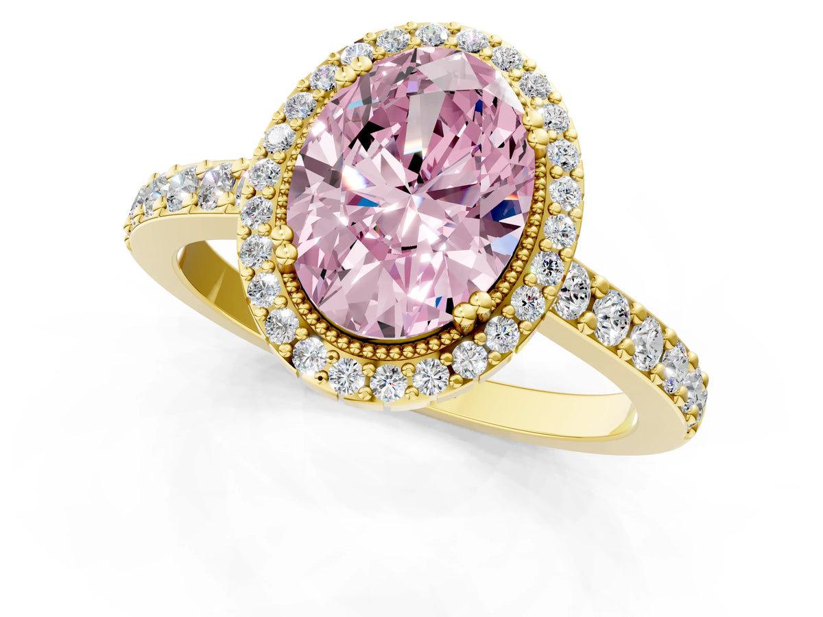 Fancy Pink Oval Cut Diamond Halo Engagement Ring in Yellow gold with Milgrain Detail and Pavé Band_1