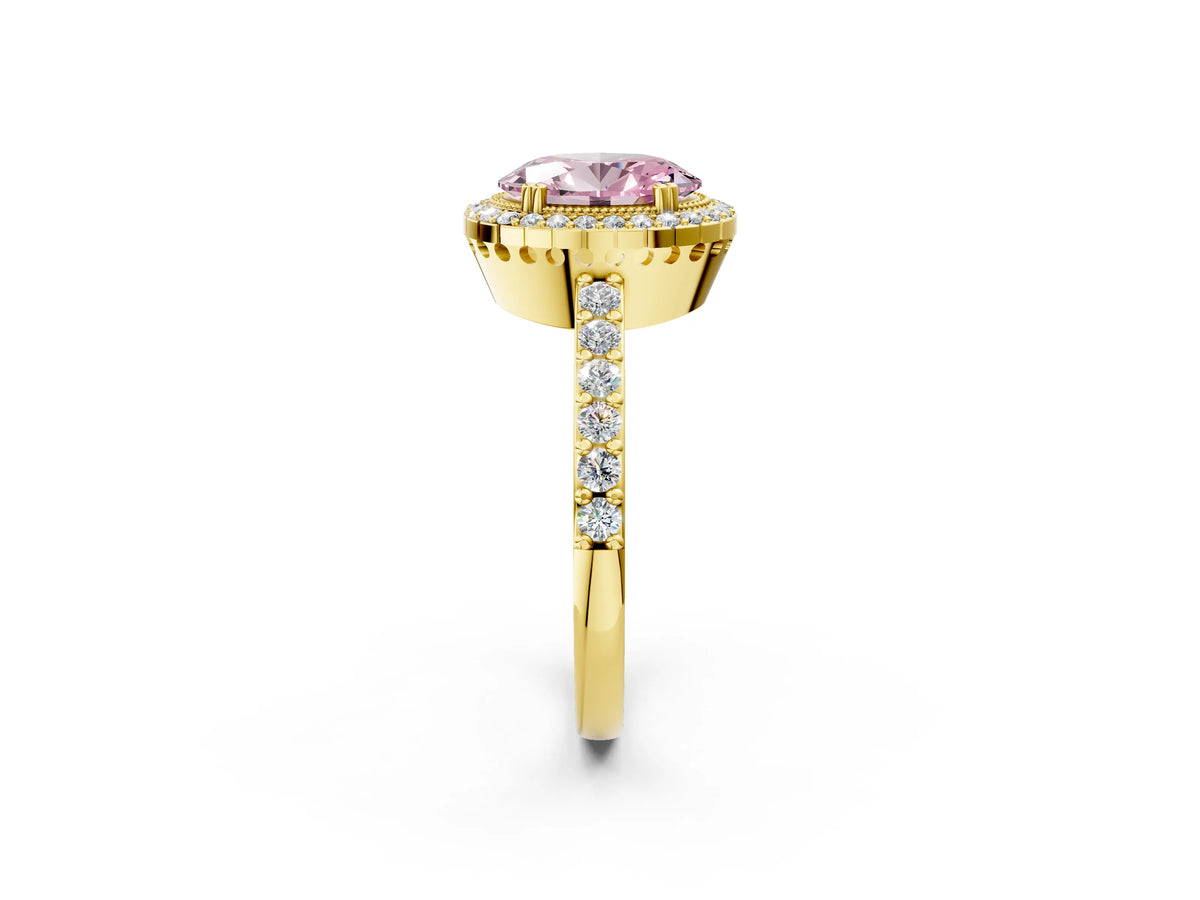 Fancy Pink Oval Cut Diamond Halo Engagement Ring in Yellow gold with Milgrain Detail and Pavé Band_2
