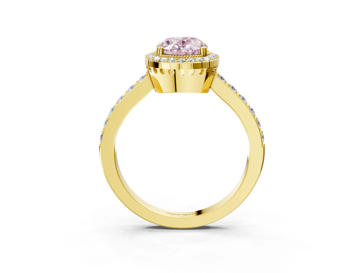 Fancy Pink Oval Cut Diamond Halo Engagement Ring in Yellow gold with Milgrain Detail and Pavé Band_3