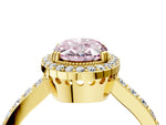 Fancy Pink Oval Cut Diamond Halo Engagement Ring in Yellow gold with Milgrain Detail and Pavé Band_4