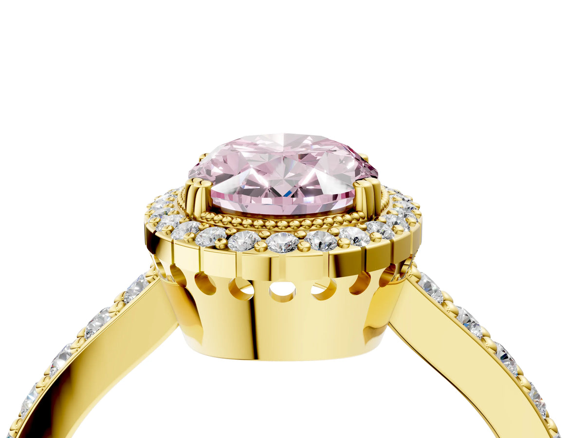 Fancy Pink Oval Cut Diamond Halo Engagement Ring in Yellow gold with Milgrain Detail and Pavé Band_4