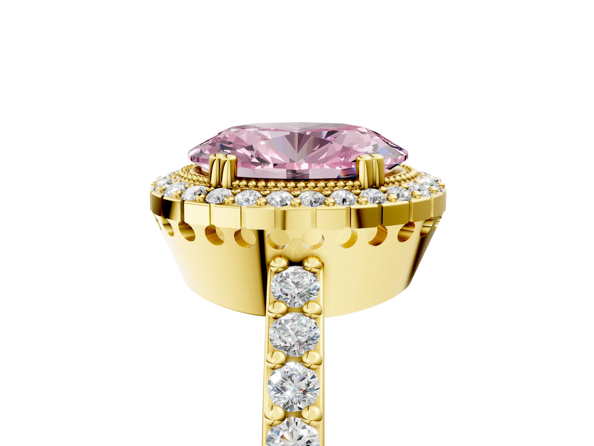 Fancy Pink Oval Cut Diamond Halo Engagement Ring in Yellow gold with Milgrain Detail and Pavé Band_5