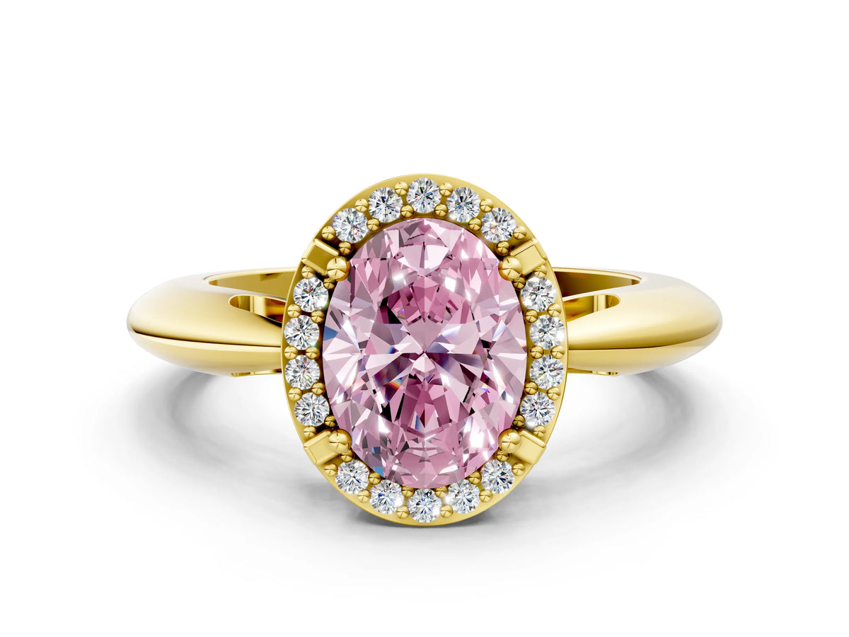 Fancy Pink Oval Cut Diamond Halo Engagement Ring in Yellow gold with Plain Split Shank and Prong Setting