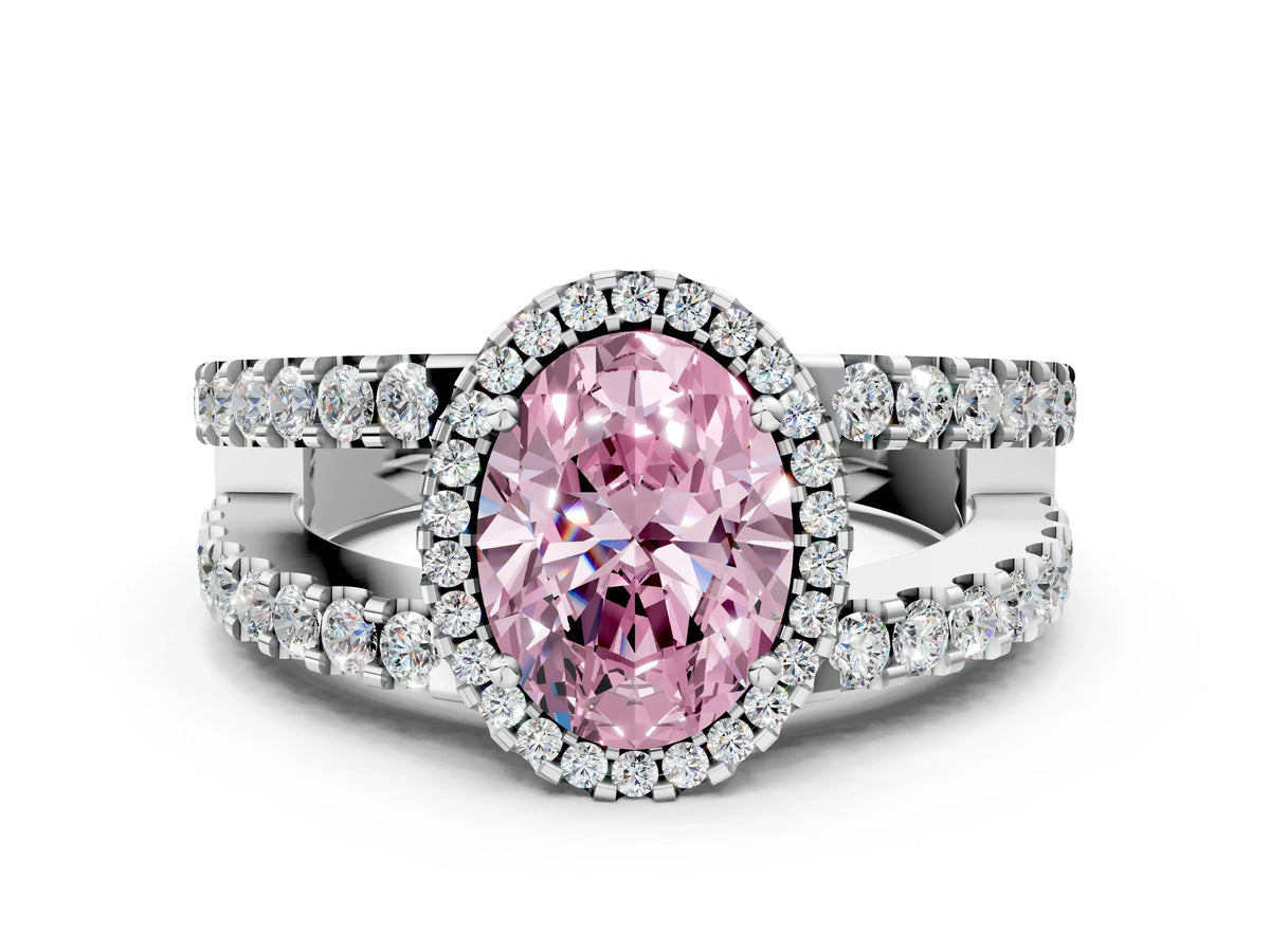 Fancy Pink Oval Cut Diamond Halo Ring in Platinum with Split Shank Band and Prong Setting_12