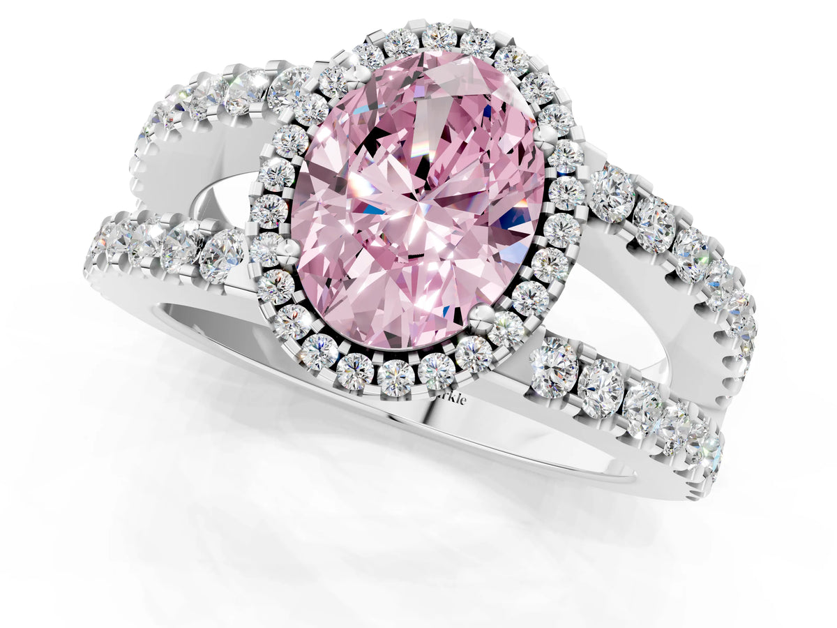 Fancy Pink Oval Cut Diamond Halo Ring in Platinum with Split Shank Band and Prong Setting_13