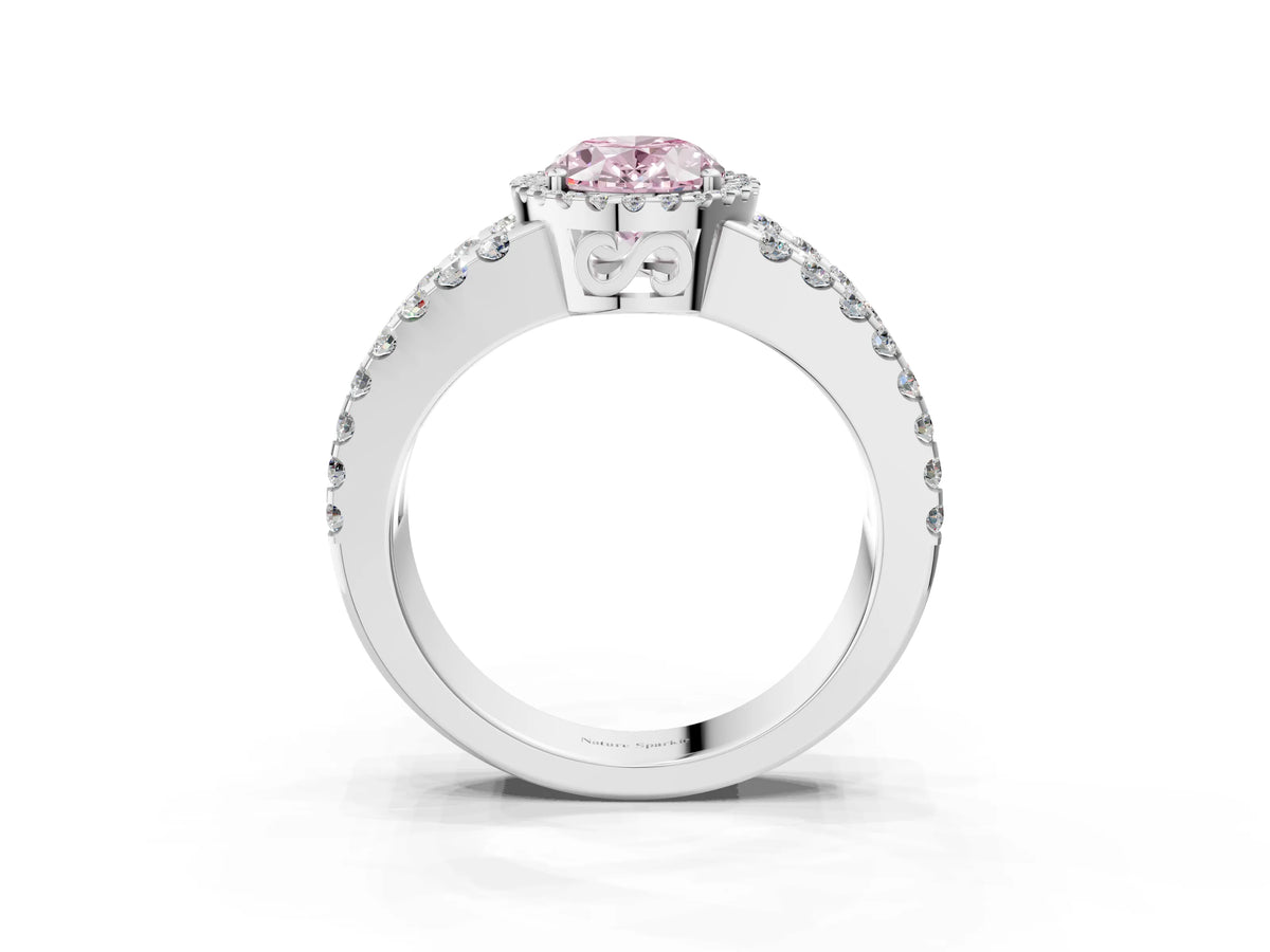 Fancy Pink Oval Cut Diamond Halo Ring in Platinum with Split Shank Band and Prong Setting_15