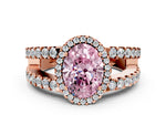 Fancy Pink Oval Cut Diamond Halo Ring in Rose gold with Split Shank Band and Prong Setting
