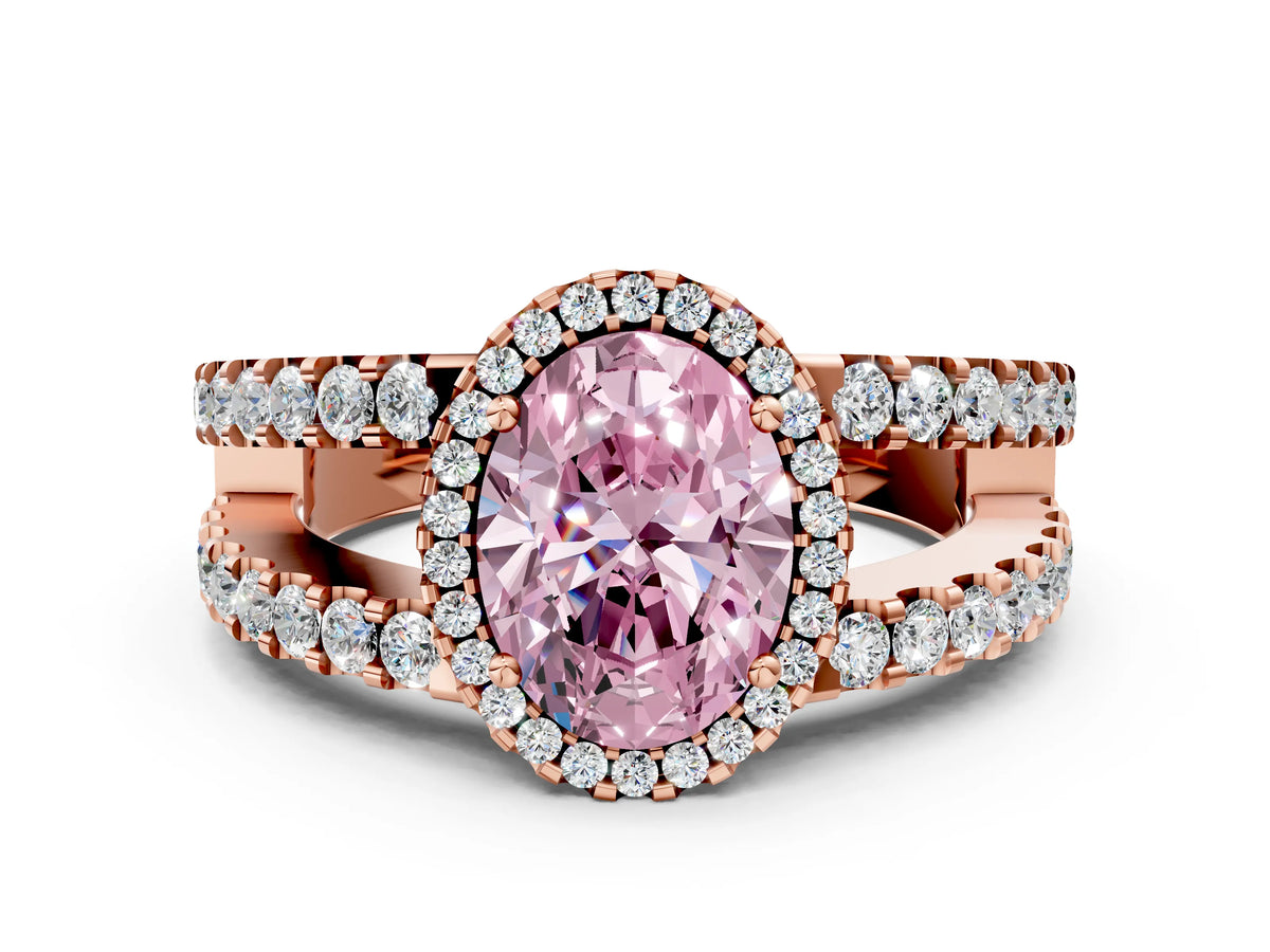 Fancy Pink Oval Cut Diamond Halo Ring in Rose gold with Split Shank Band and Prong Setting