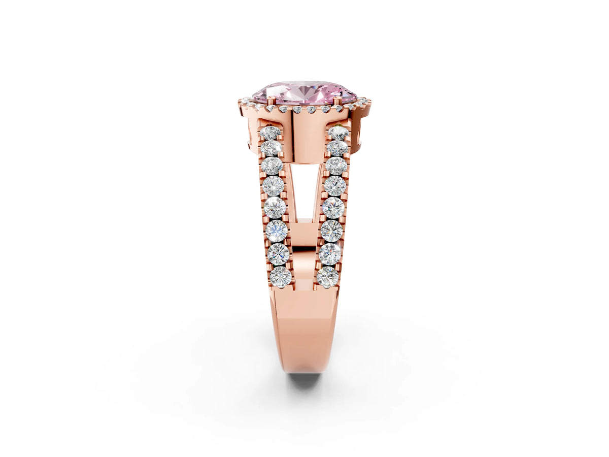 Fancy Pink Oval Cut Diamond Halo Ring in Rose gold with Split Shank Band and Prong Setting_2