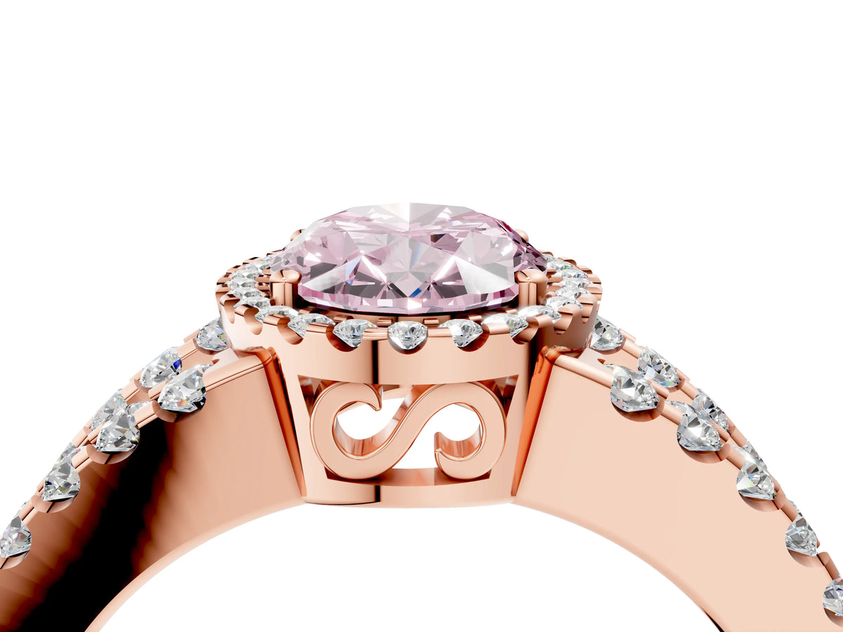 Fancy Pink Oval Cut Diamond Halo Ring in Rose gold with Split Shank Band and Prong Setting_4