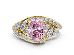 Fancy Pink Oval Cut Diamond Halo Ring in Yellow gold with Marquise and Pavé Band in Prong Setting