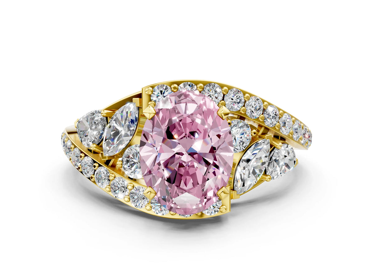 Fancy Pink Oval Cut Diamond Halo Ring in Yellow gold with Marquise and Pavé Band in Prong Setting