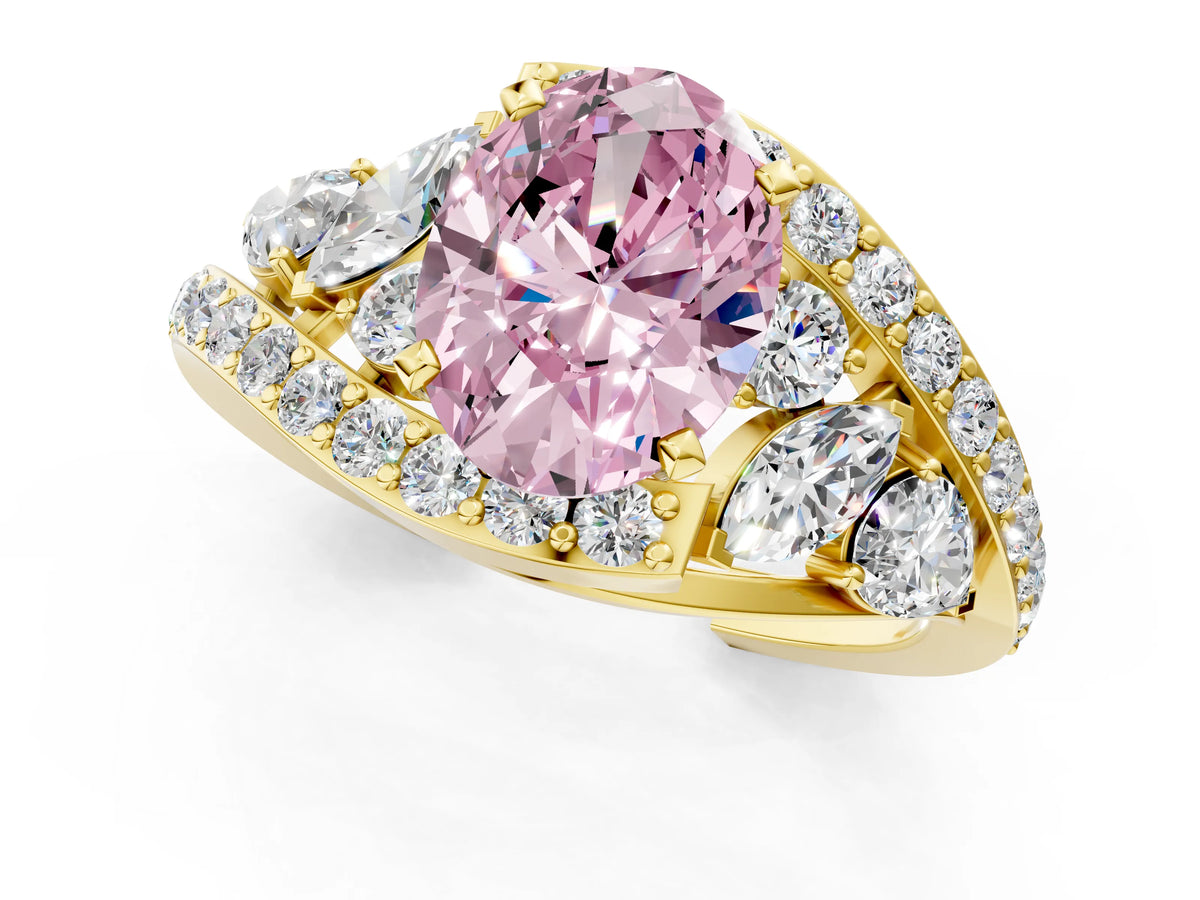 Fancy Pink Oval Cut Diamond Halo Ring in Yellow gold with Marquise and Pavé Band in Prong Setting_1