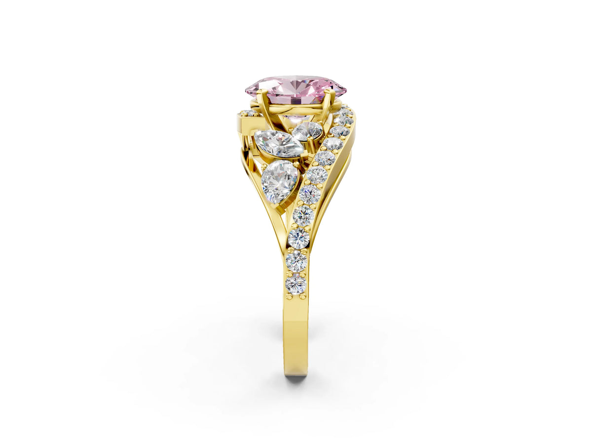 Fancy Pink Oval Cut Diamond Halo Ring in Yellow gold with Marquise and Pavé Band in Prong Setting_2