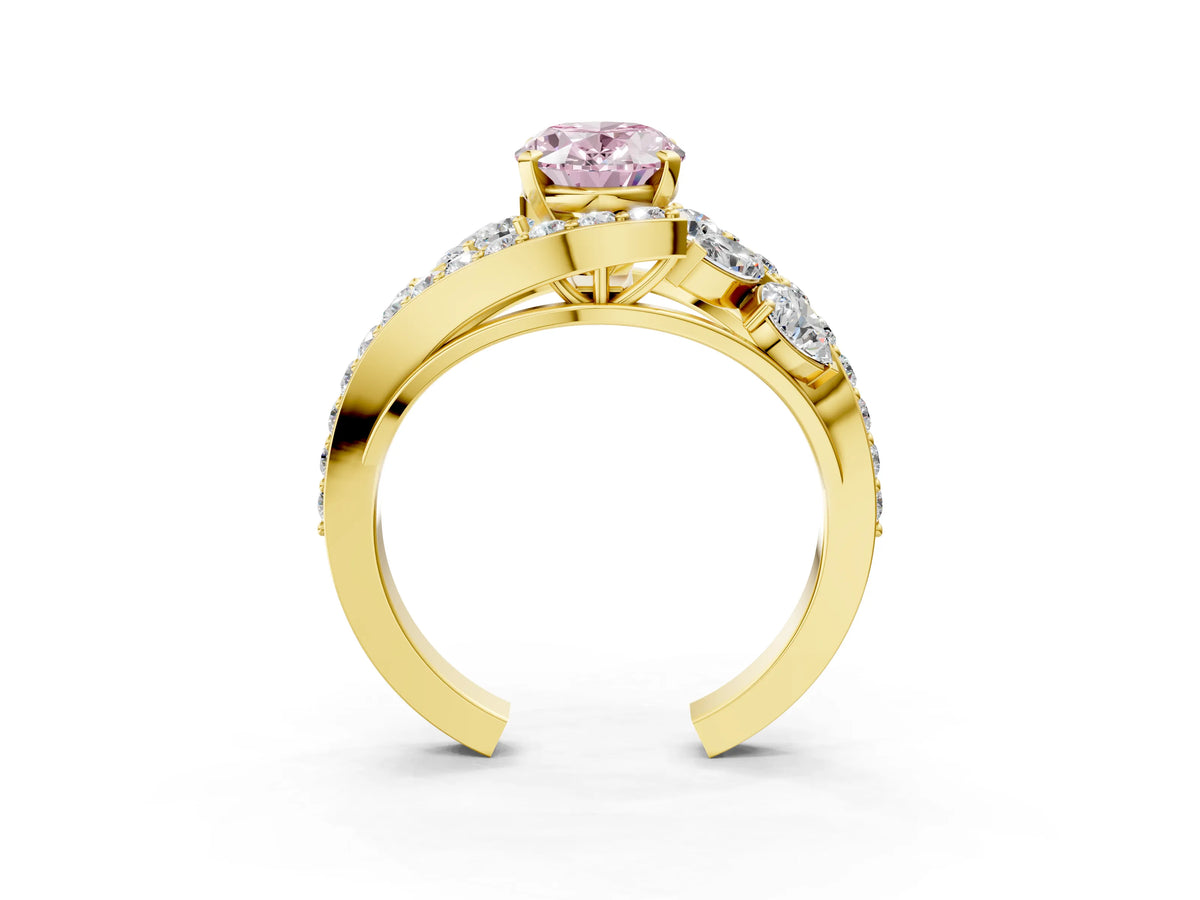 Fancy Pink Oval Cut Diamond Halo Ring in Yellow gold with Marquise and Pavé Band in Prong Setting_3