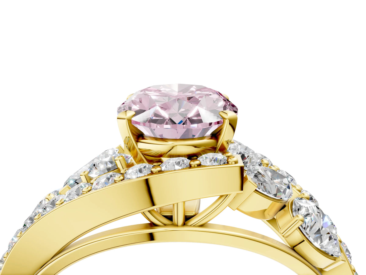 Fancy Pink Oval Cut Diamond Halo Ring in Yellow gold with Marquise and Pavé Band in Prong Setting_4