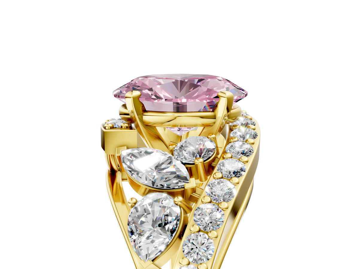 Fancy Pink Oval Cut Diamond Halo Ring in Yellow gold with Marquise and Pavé Band in Prong Setting_5