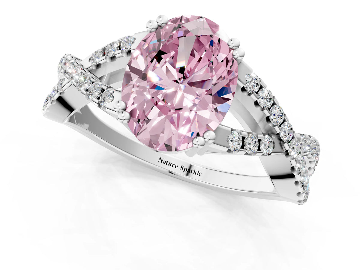 Fancy Pink Oval Cut Diamond Solitaire Ring in Platinum with Interwoven Pavé Band and Prong Setting_7