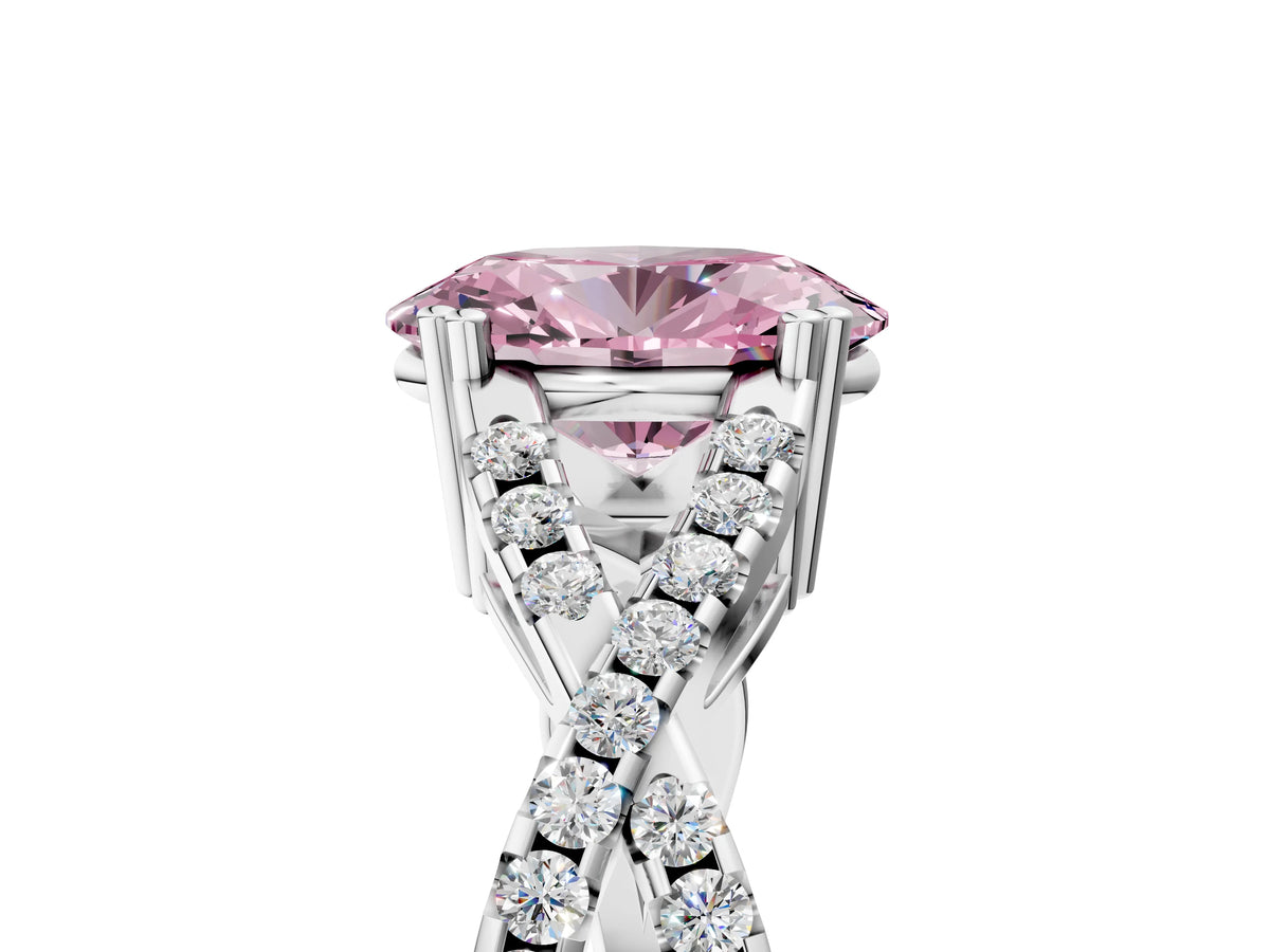 Fancy Pink Oval Cut Diamond Solitaire Ring in Silver with Interwoven Pavé Band and Prong Setting_11