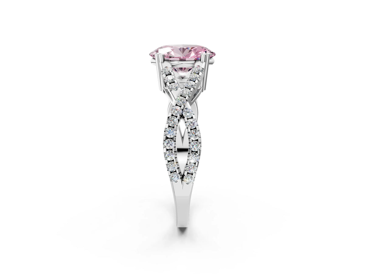 Fancy Pink Oval Cut Diamond Solitaire Ring in Silver with Interwoven Pavé Band and Prong Setting_8