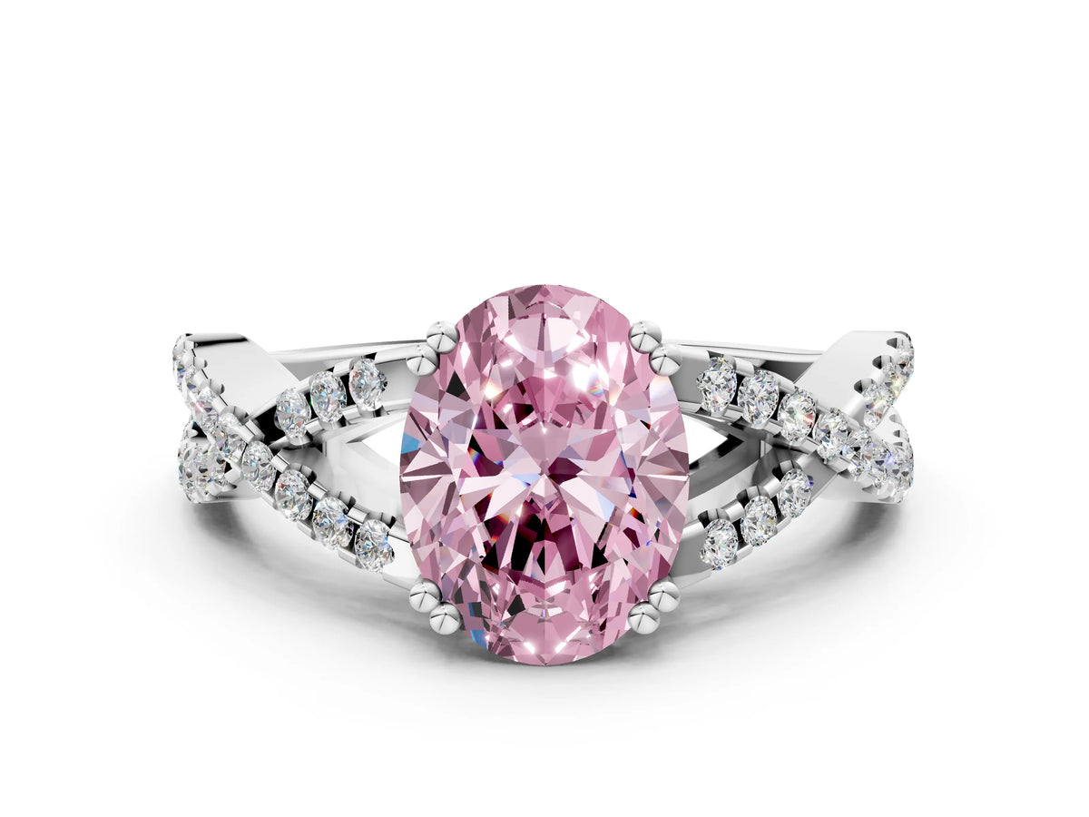 Fancy Pink Oval Cut Diamond Solitaire Ring in White gold with Interwoven Pavé Band and Prong Setting