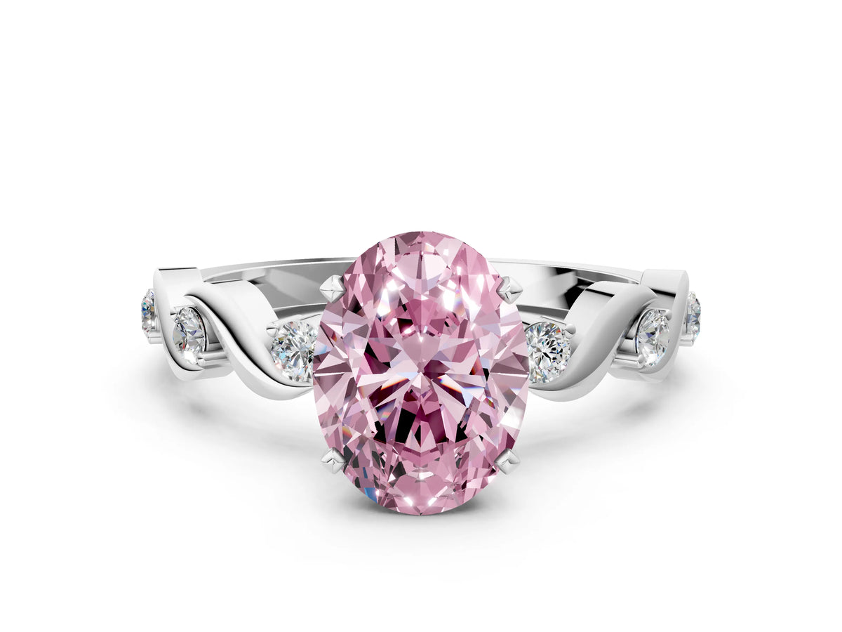 Fancy Pink Oval Cut Diamond Solitaire Ring in White gold with Twisted Ribbon Band and Round Accents
