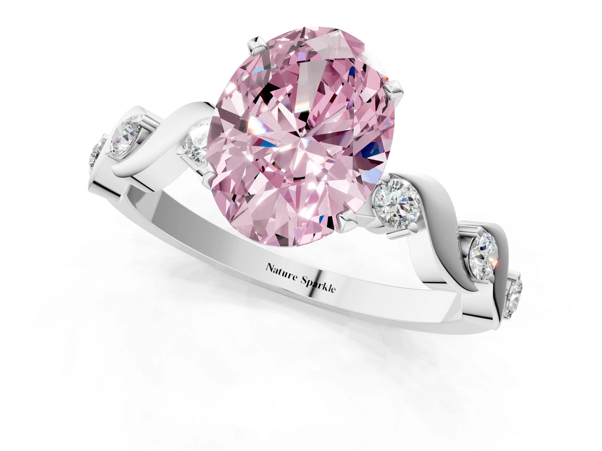 Fancy Pink Oval Cut Diamond Solitaire Ring in White gold with Twisted Ribbon Band and Round Accents_1