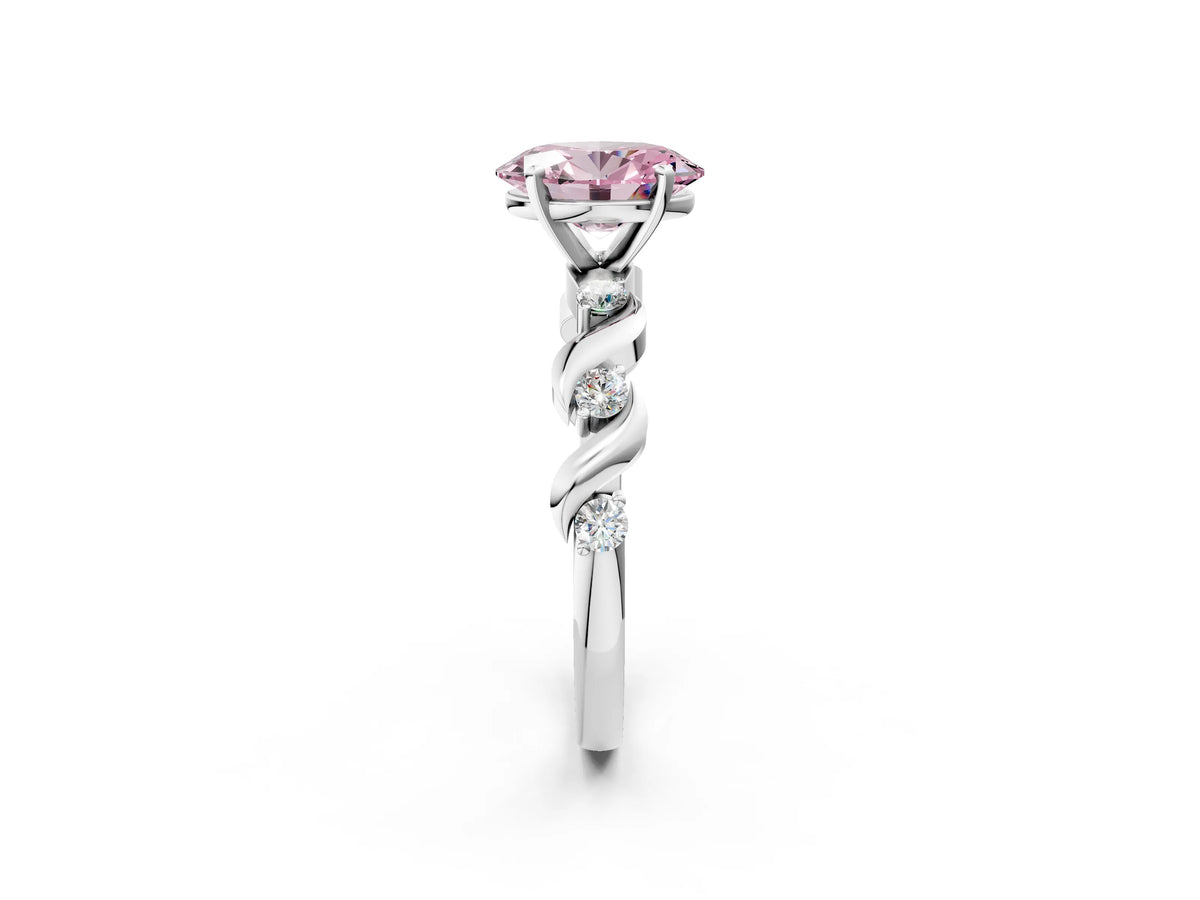Fancy Pink Oval Cut Diamond Solitaire Ring in White gold with Twisted Ribbon Band and Round Accents_2