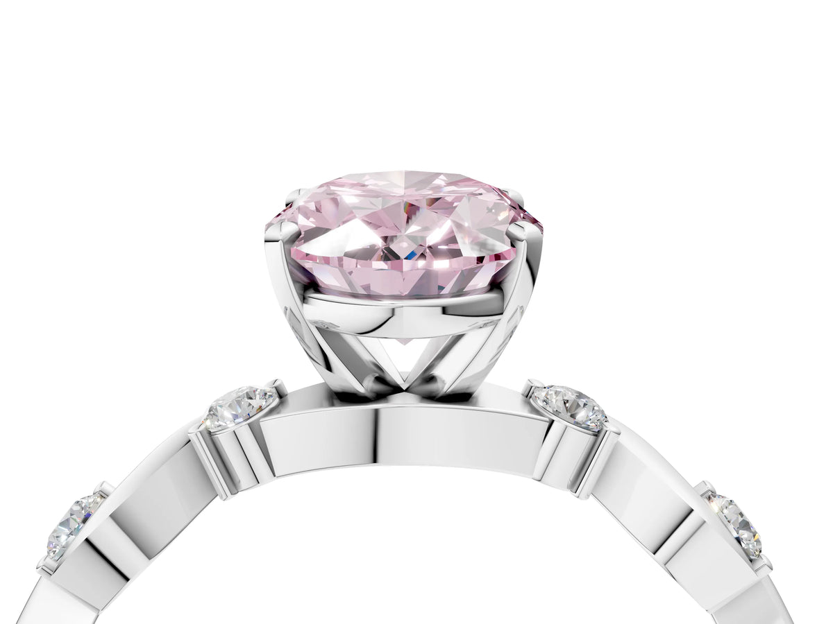 Fancy Pink Oval Cut Diamond Solitaire Ring in White gold with Twisted Ribbon Band and Round Accents_4