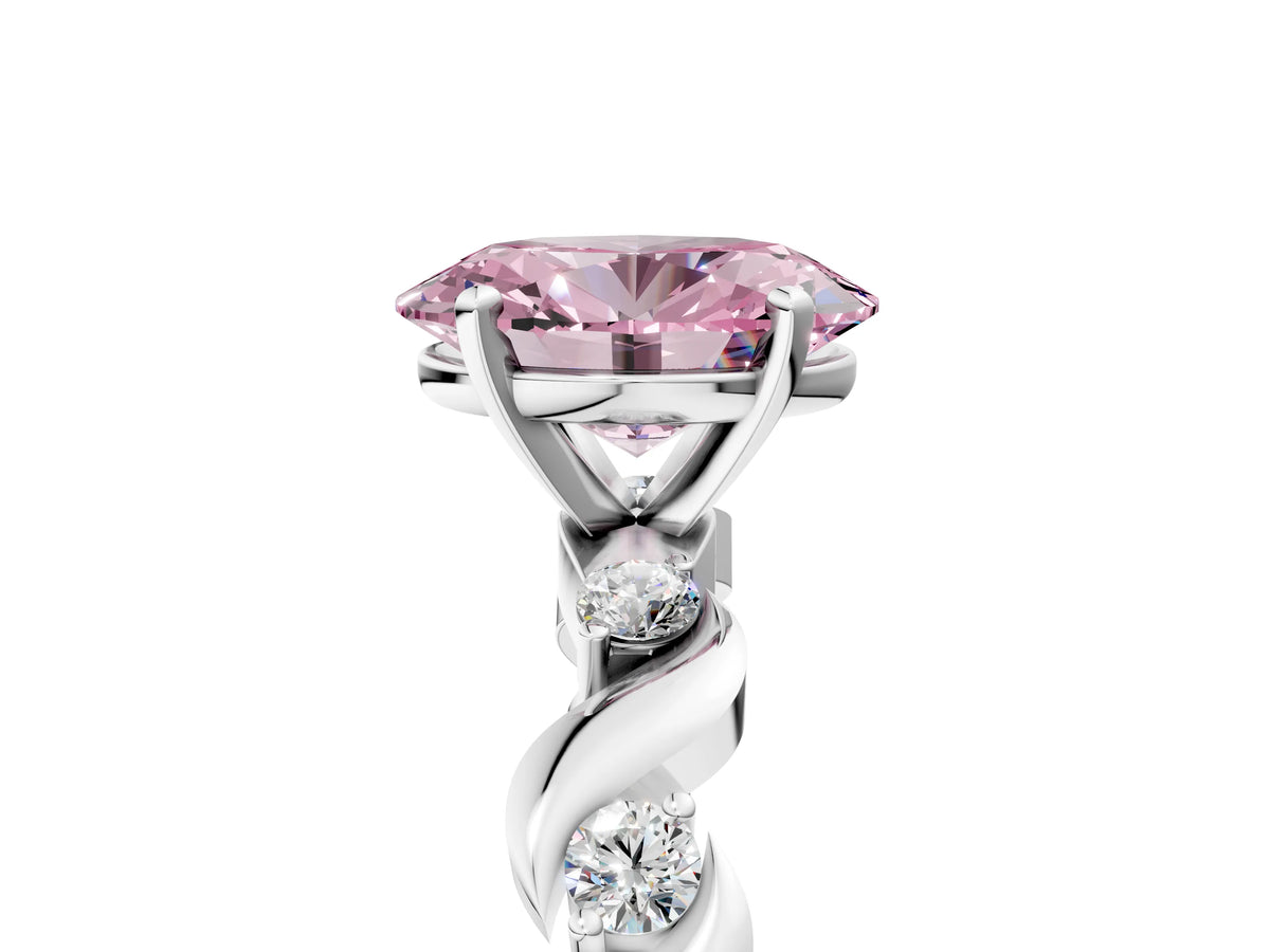 Fancy Pink Oval Cut Diamond Solitaire Ring in White gold with Twisted Ribbon Band and Round Accents_5