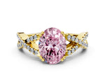 Fancy Pink Oval Cut Diamond Solitaire Ring in Yellow gold with Interwoven Pavé Band and Prong Setting