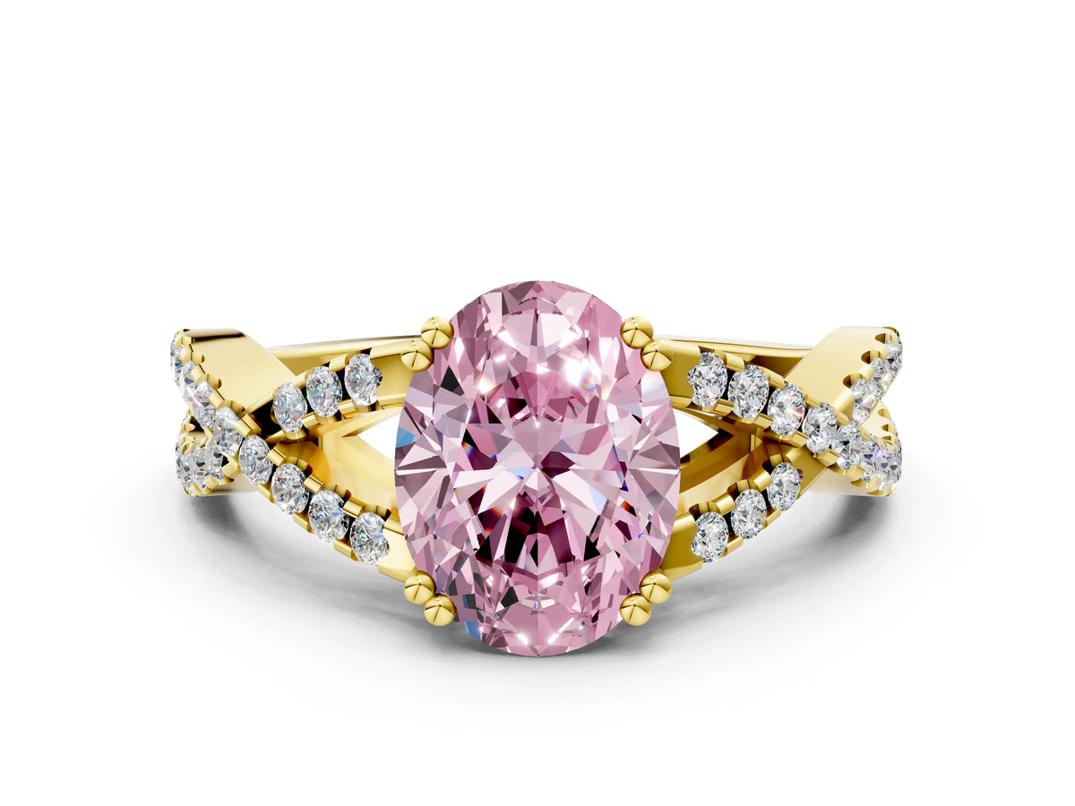 Fancy Pink Oval Cut Diamond Solitaire Ring in Yellow gold with Interwoven Pavé Band and Prong Setting