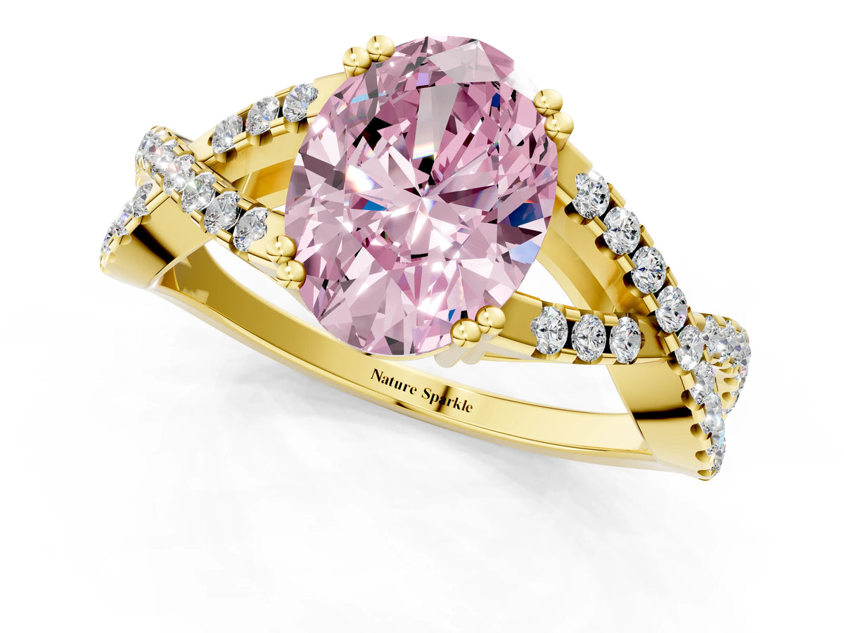 Fancy Pink Oval Cut Diamond Solitaire Ring in Yellow gold with Interwoven Pavé Band and Prong Setting_1