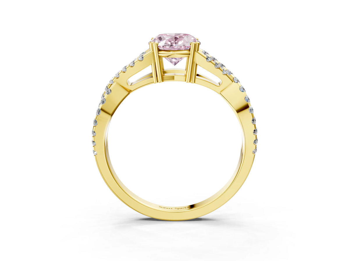 Fancy Pink Oval Cut Diamond Solitaire Ring in Yellow gold with Interwoven Pavé Band and Prong Setting_3