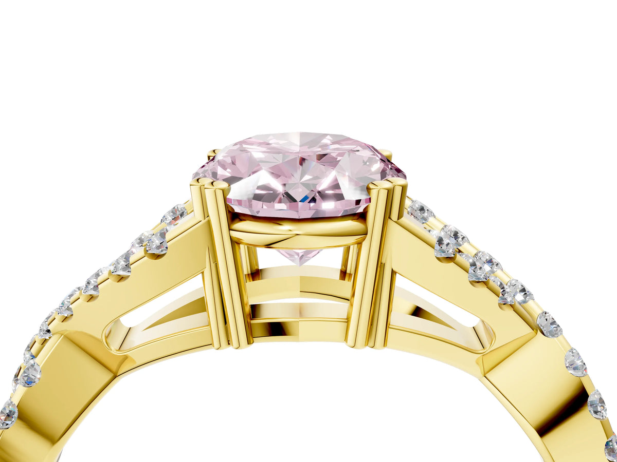 Fancy Pink Oval Cut Diamond Solitaire Ring in Yellow gold with Interwoven Pavé Band and Prong Setting_4