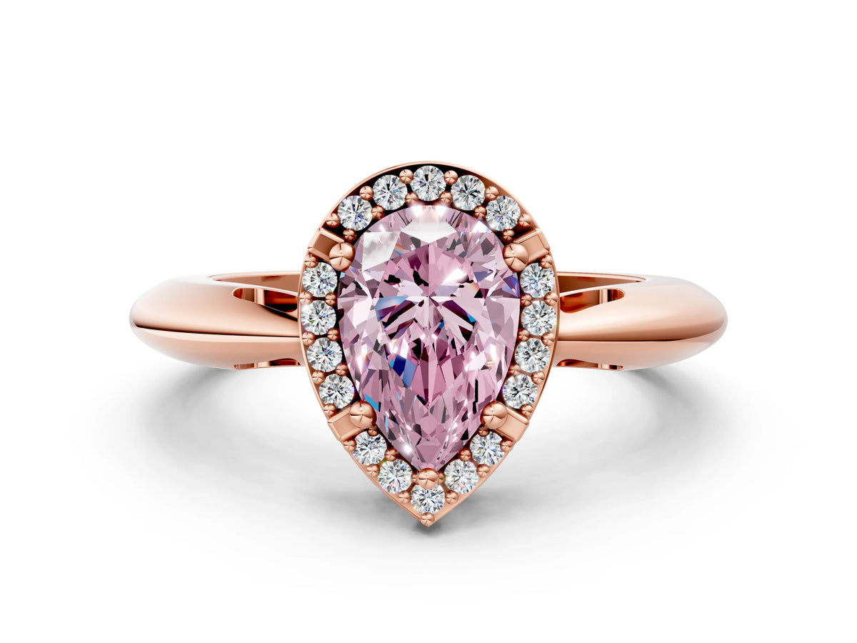 Fancy Pink Pear Cut Diamond Halo Engagement Ring in Rose gold with Plain Split Shank and Prong Setting