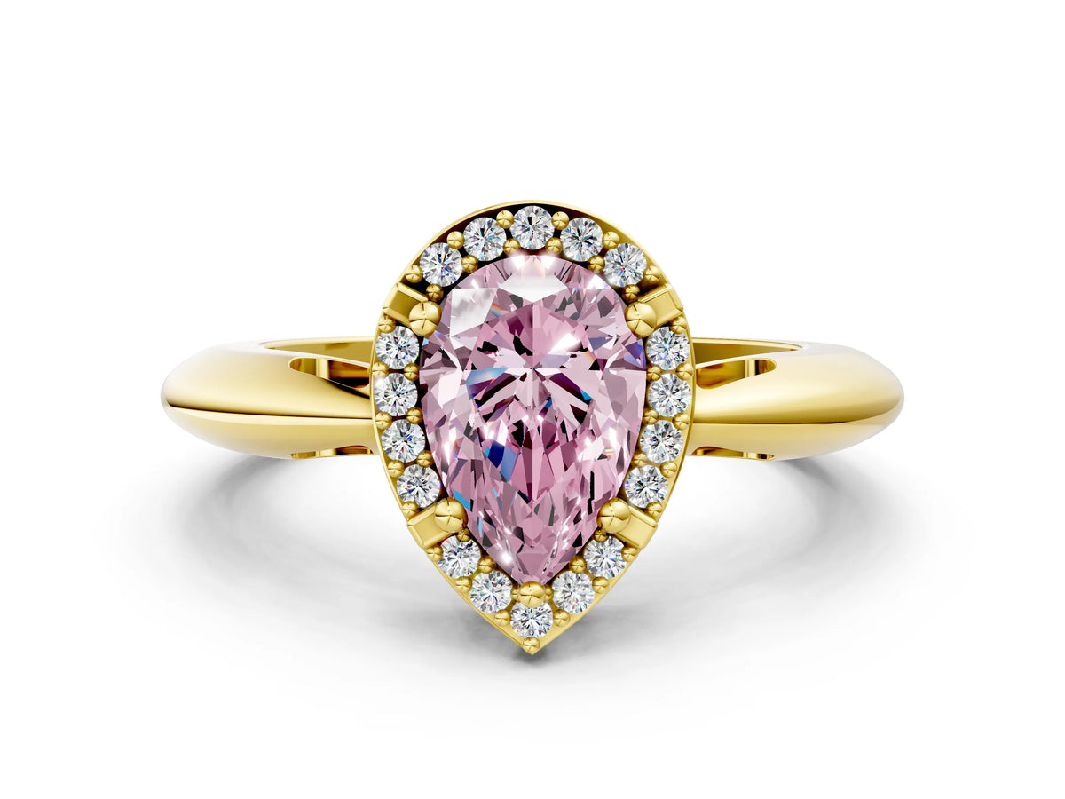 Fancy Pink Pear Cut Diamond Halo Engagement Ring in Yellow gold with Plain Split Shank and Prong Setting
