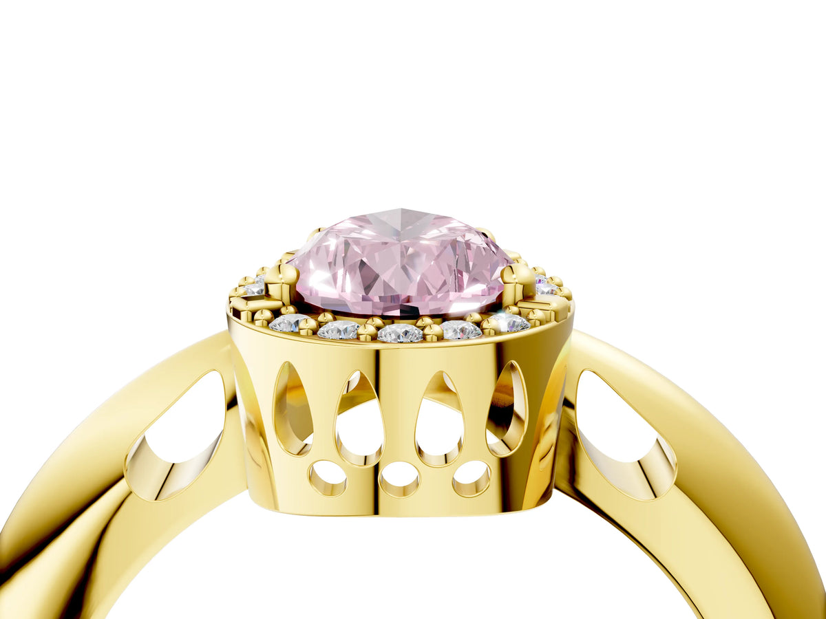 Fancy Pink Pear Cut Diamond Halo Engagement Ring in Yellow gold with Plain Split Shank and Prong Setting_4
