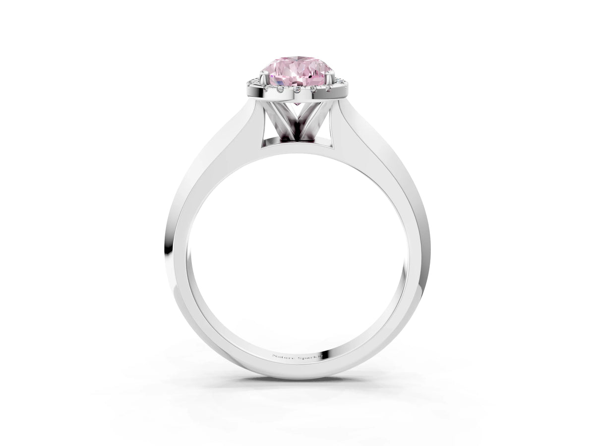 Fancy Pink Pear Cut Diamond Halo Ring in Platinum with Cathedral Band and Prong Setting_9
