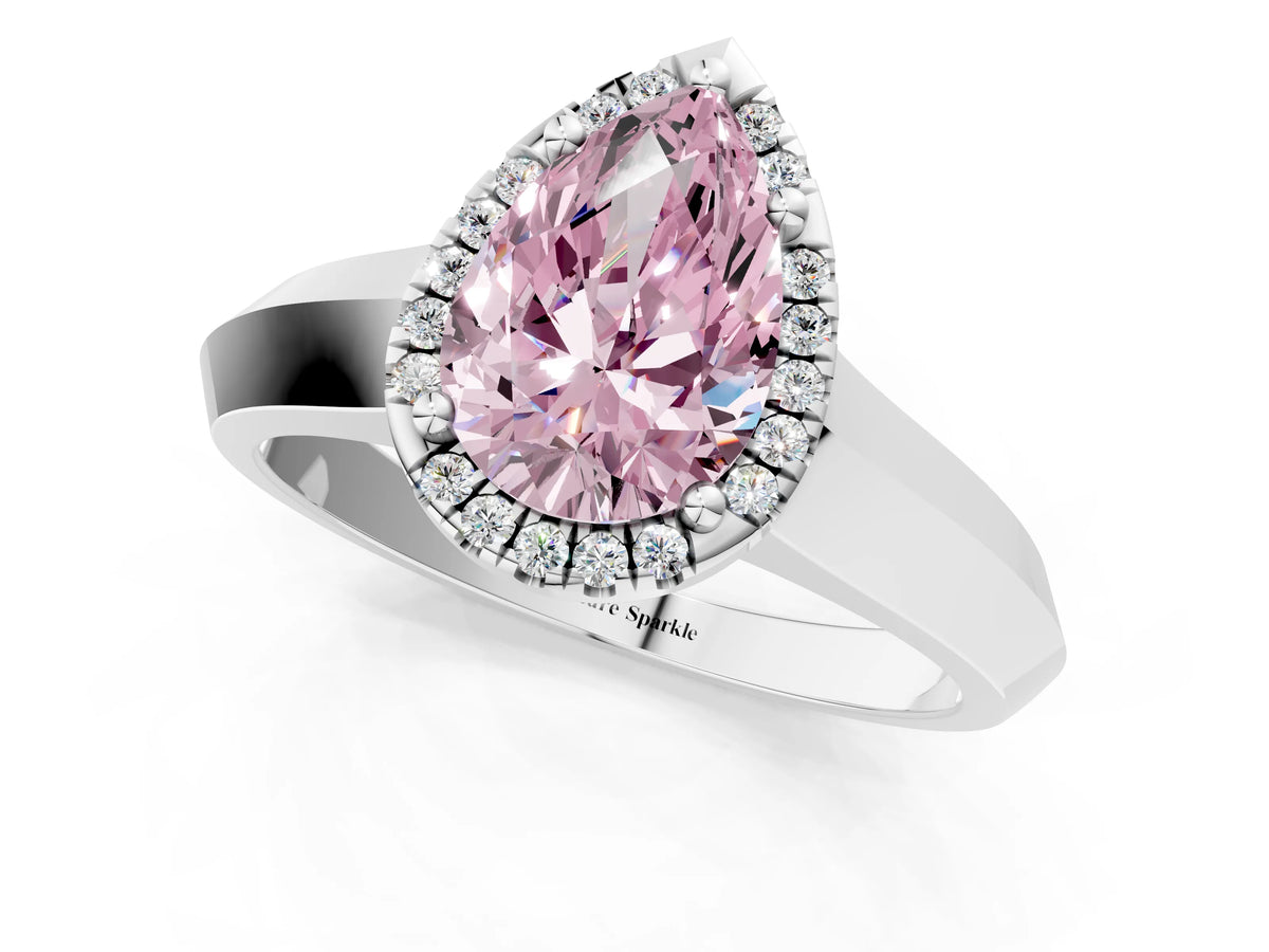 Fancy Pink Pear Cut Diamond Halo Ring in White gold with Cathedral Band and Prong Setting_1