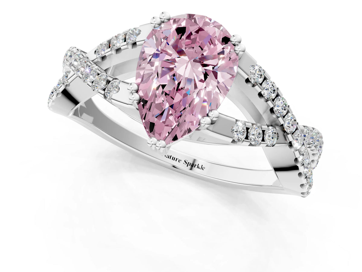 Fancy Pink Pear Cut Diamond Solitaire Ring in Silver with Interwoven Pavé Band and Prong Setting_7