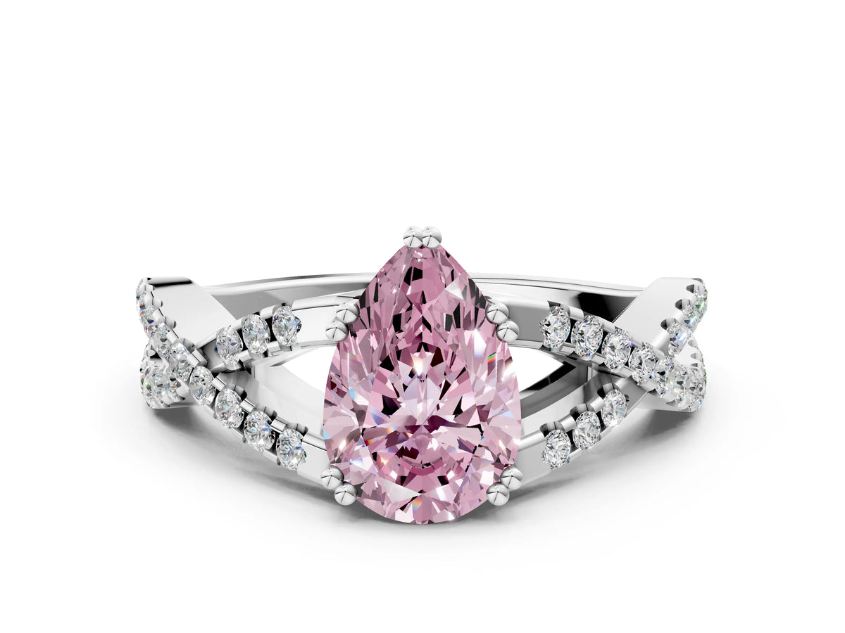 Fancy Pink Pear Cut Diamond Solitaire Ring in White gold with Interwoven Pavé Band and Prong Setting
