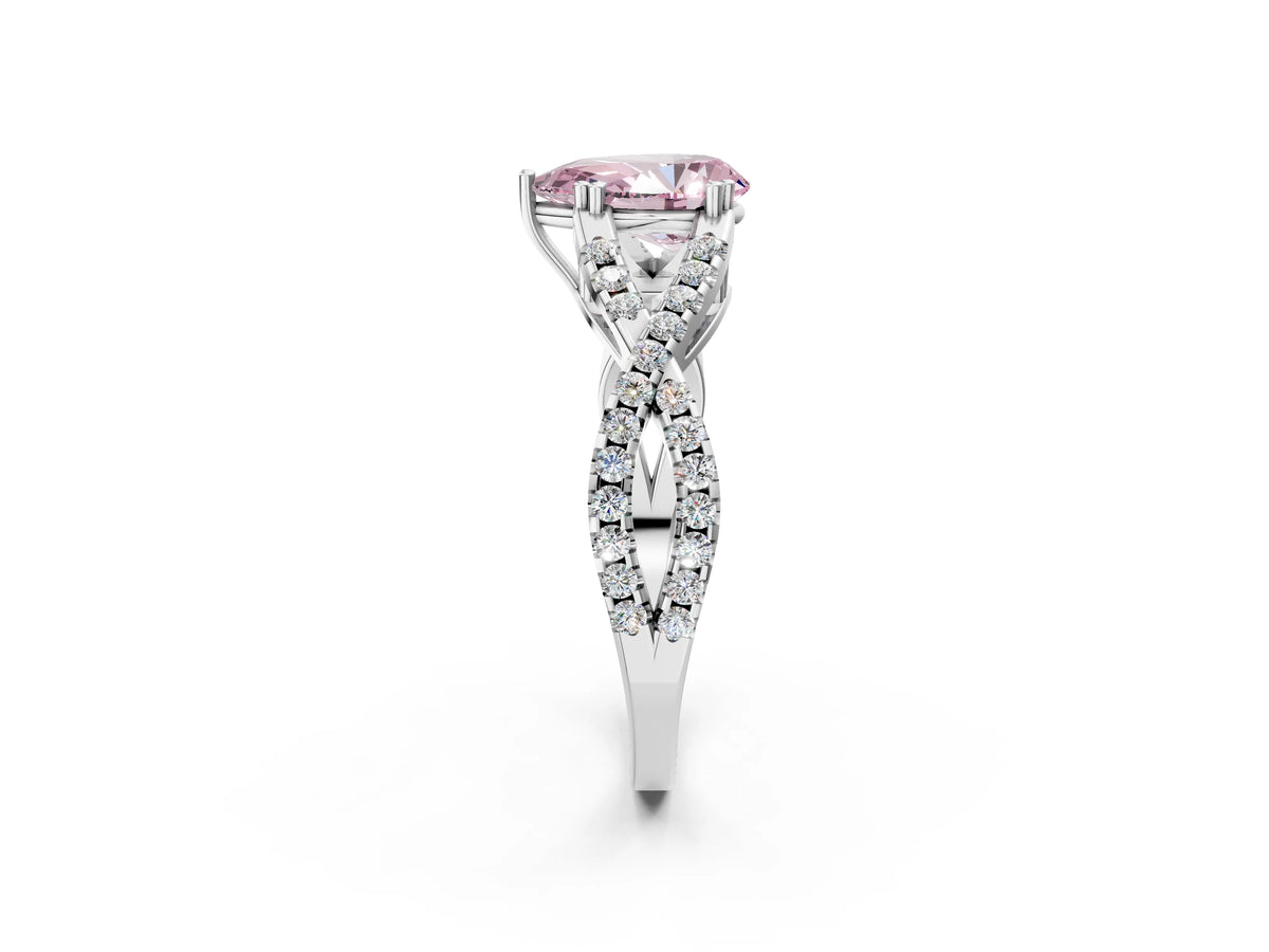 Fancy Pink Pear Cut Diamond Solitaire Ring in White gold with Interwoven Pavé Band and Prong Setting_2