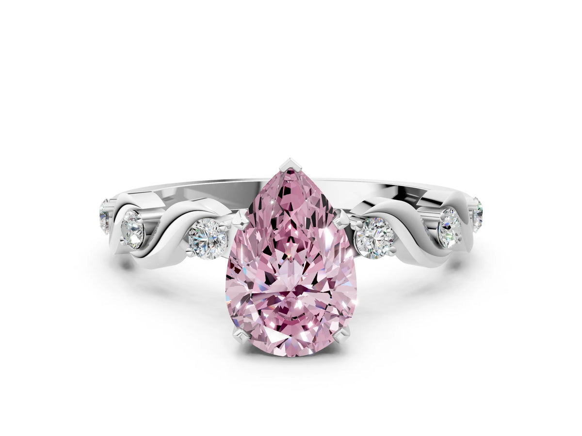 Fancy Pink Pear Cut Diamond Solitaire Ring in White gold with Twisted Ribbon Band and Round Accents