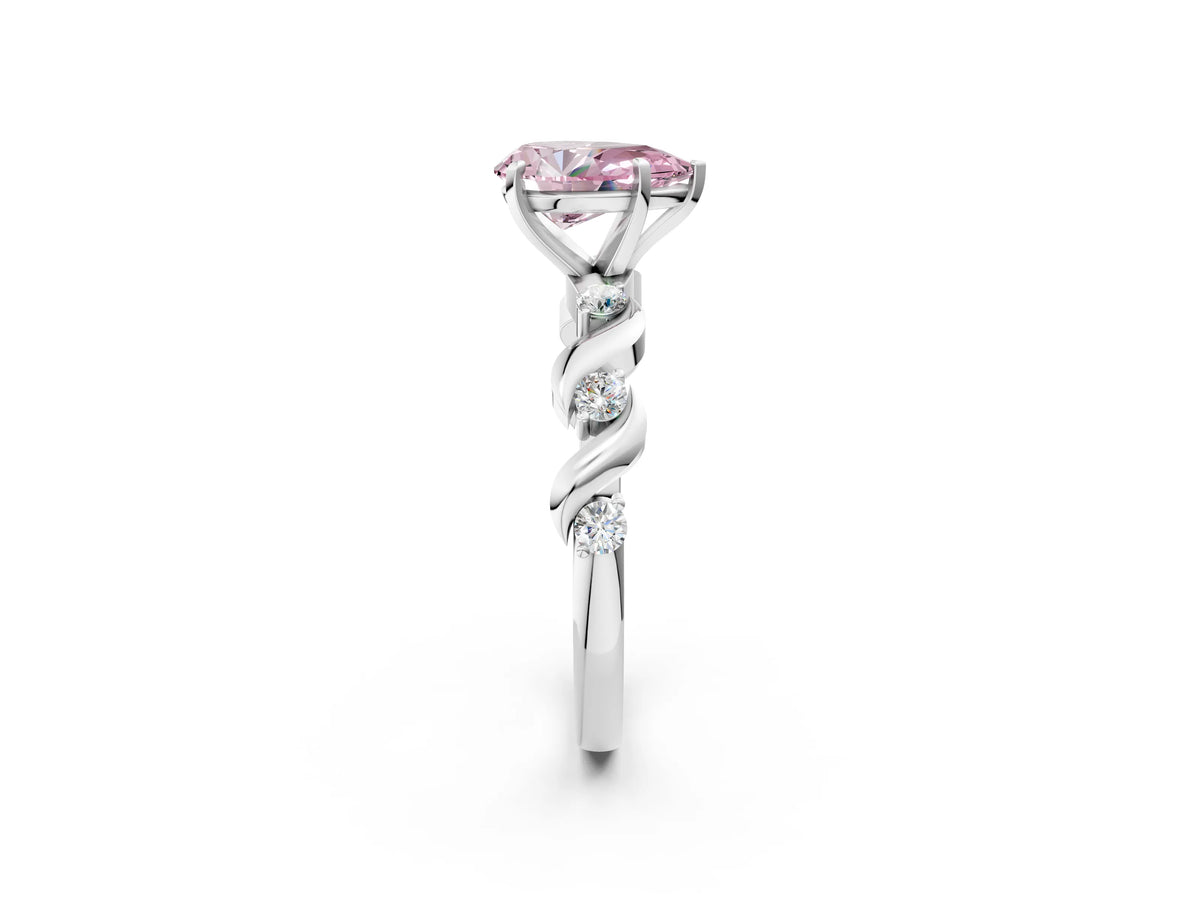 Fancy Pink Pear Cut Diamond Solitaire Ring in White gold with Twisted Ribbon Band and Round Accents_2