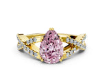 Fancy Pink Pear Cut Diamond Solitaire Ring in Yellow gold with Interwoven Pavé Band and Prong Setting