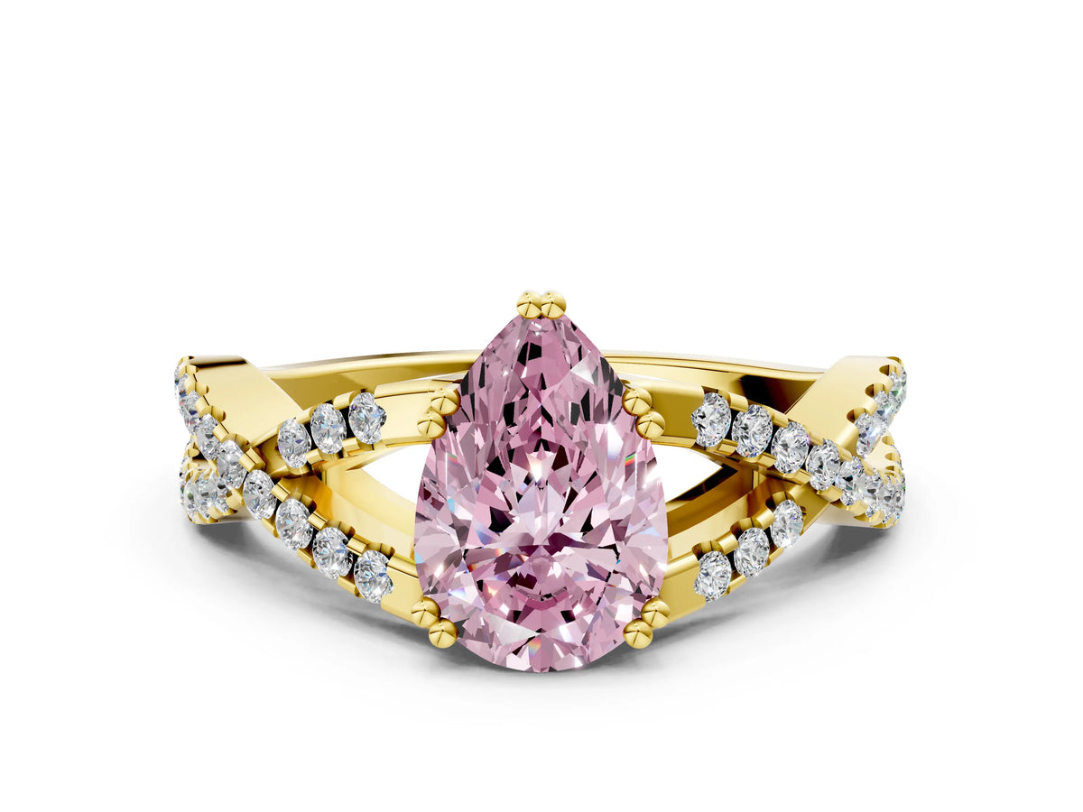 Fancy Pink Pear Cut Diamond Solitaire Ring in Yellow gold with Interwoven Pavé Band and Prong Setting