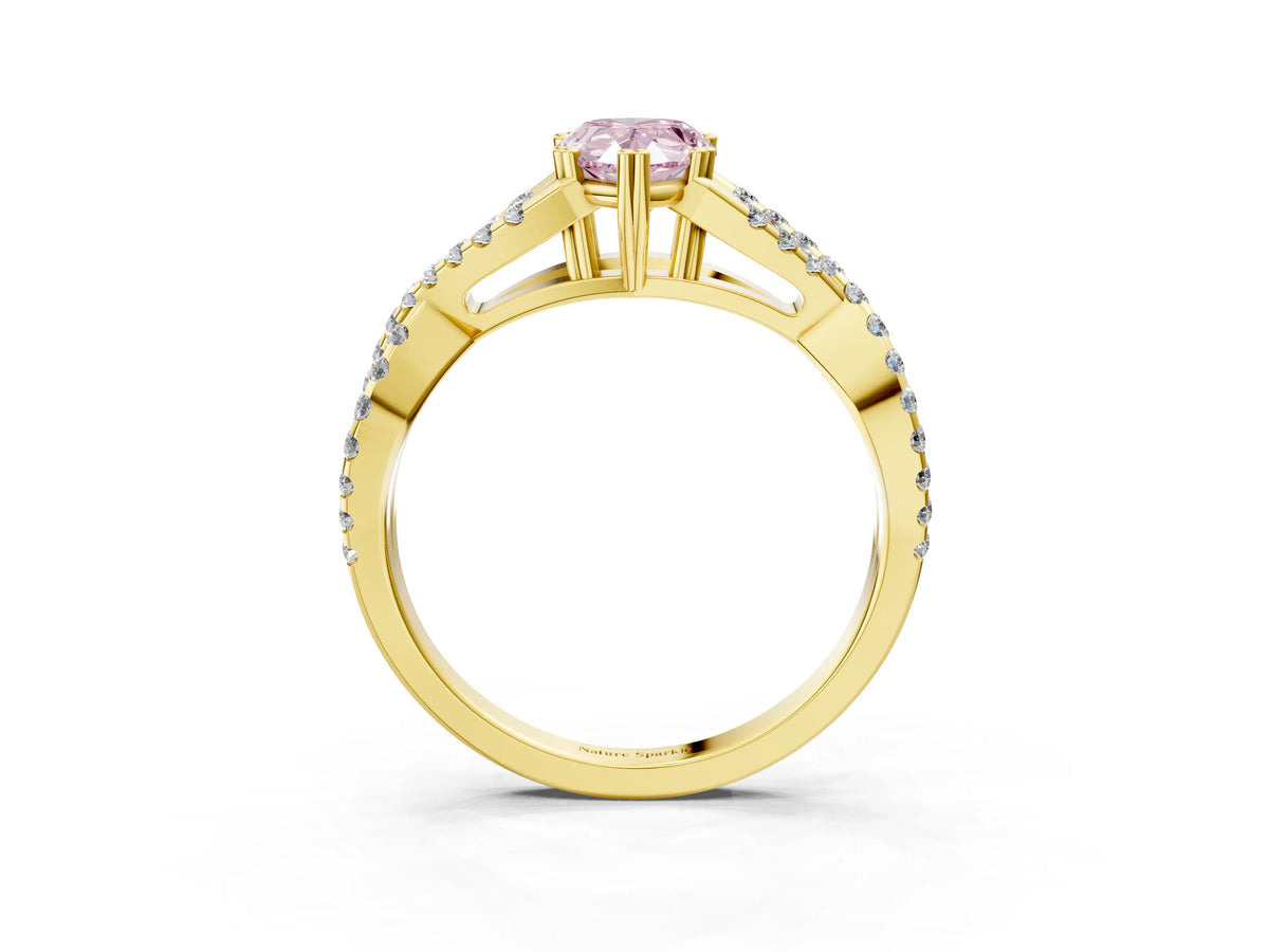 Fancy Pink Pear Cut Diamond Solitaire Ring in Yellow gold with Interwoven Pavé Band and Prong Setting_3